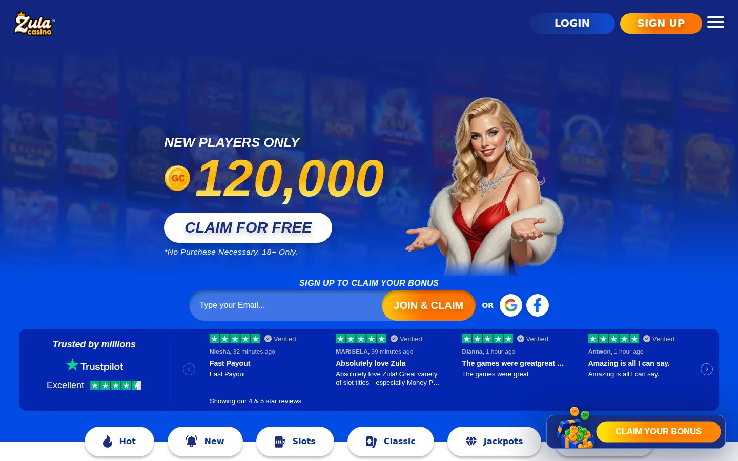 Screenshot of the Zula Casino website
